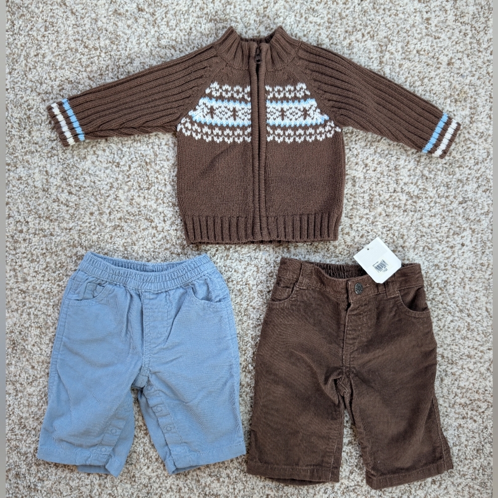 Old Navy Bundle Corduroy Pants & Cardigan Sweater Bundle Blue Brown 0-3 Mon NWT